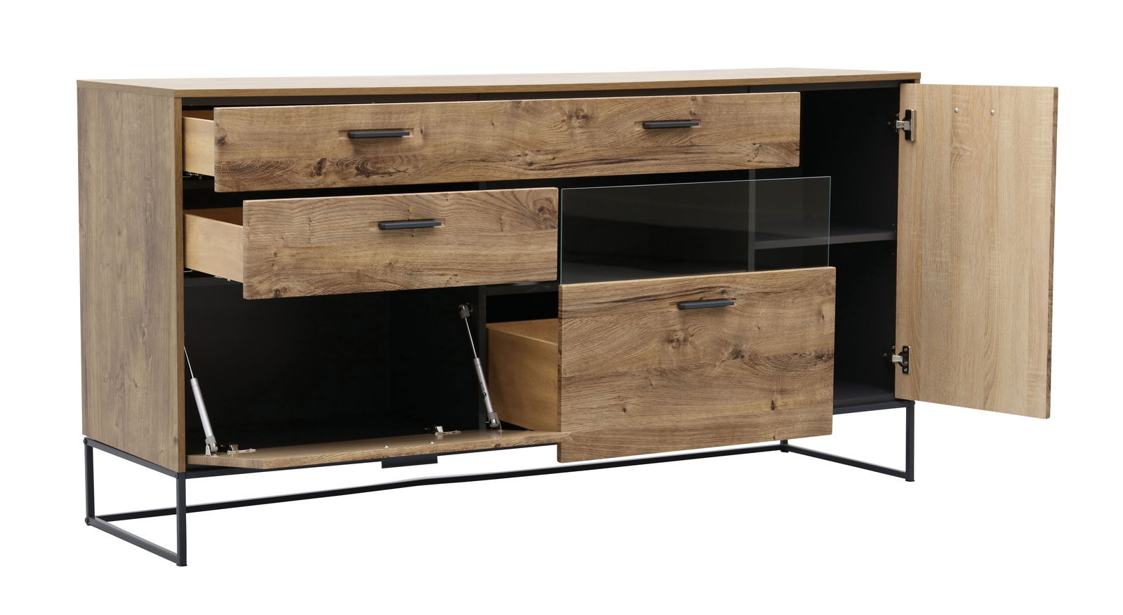 Holz-Sideboard mit offenen Schubladen und Türen, seitliche Perspektive