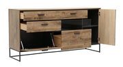 Holz-Sideboard mit offenen Schubladen und Türen, seitliche Perspektive