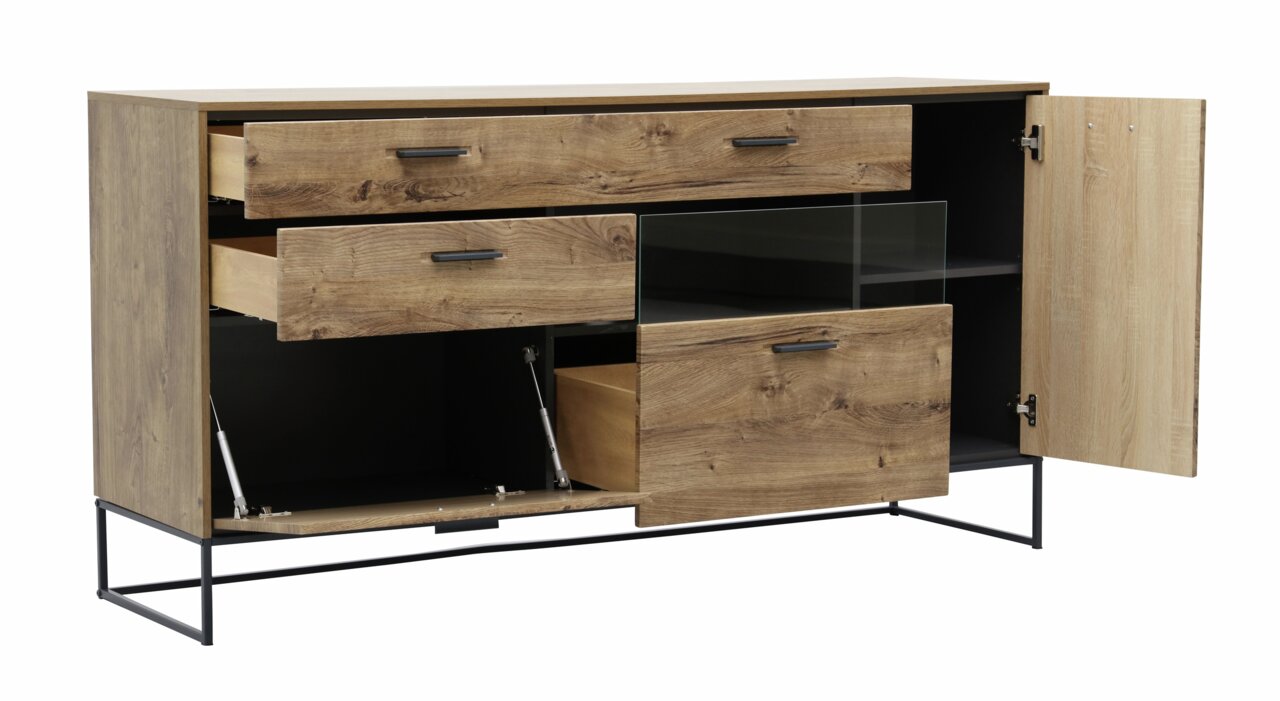 Houten dressoir met open lades en deuren, zijaanzicht