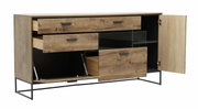 Houten dressoir met open lades en deuren, zijaanzicht