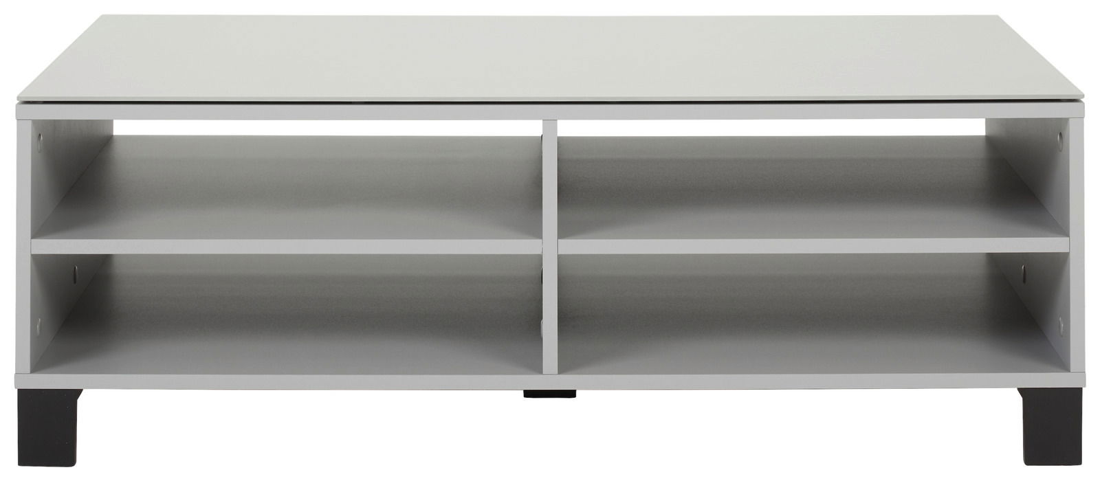 Moderner Couchtisch mit vier offenen Fächern, frontal betrachtet.