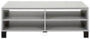 Moderner Couchtisch mit vier offenen Fächern, frontal betrachtet.