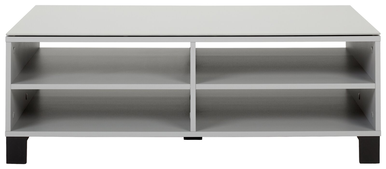 Moderner Couchtisch mit vier offenen Fächern, frontal betrachtet.