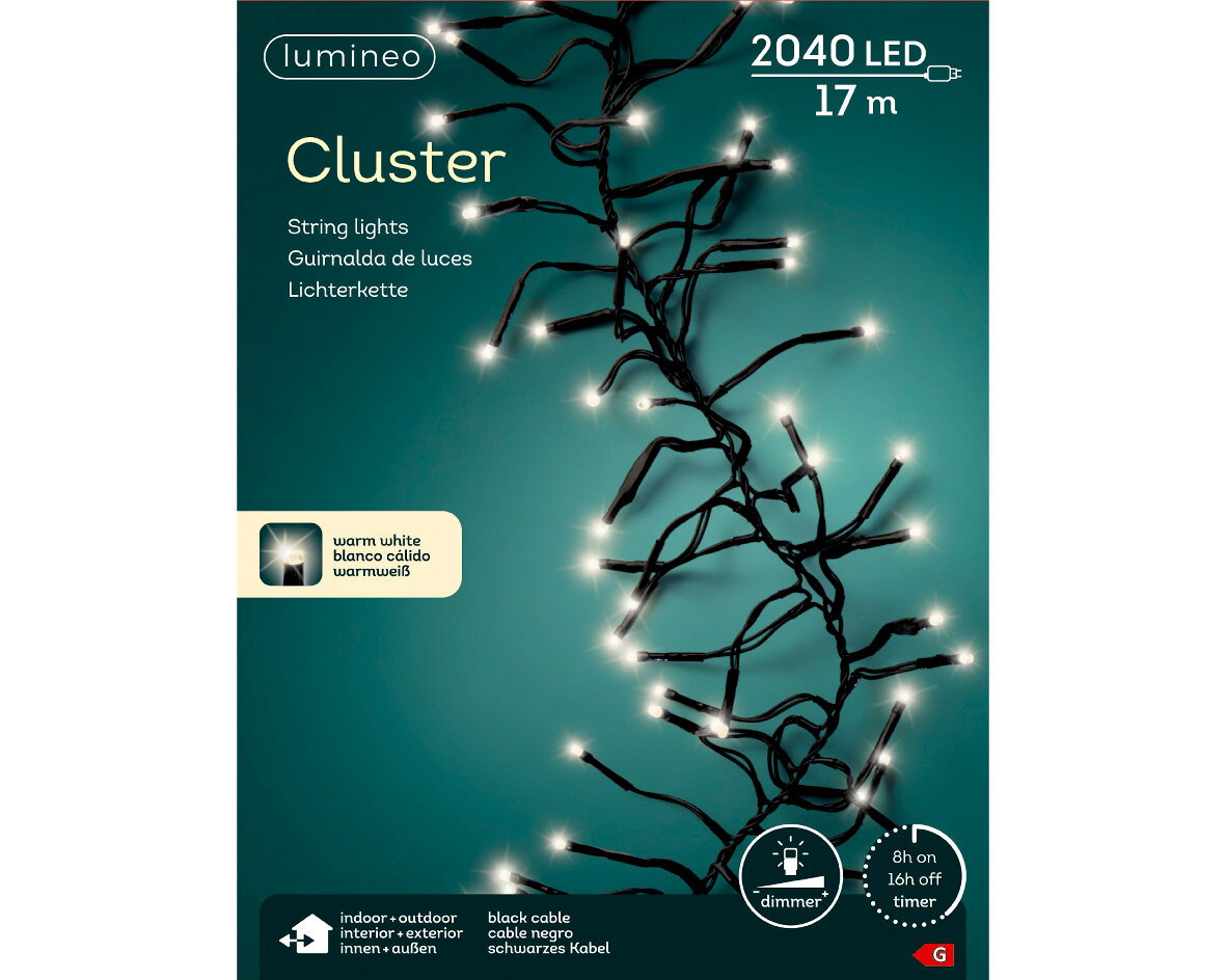 LED Clusterbeleuchtung mit 2040 warmweißen LEDs auf schwarzem Kabel, 17 Meter lang, geeignet für Innen- und Außenbereich, mit Dimmer und Timer-Funktion, seitliche Perspektive.