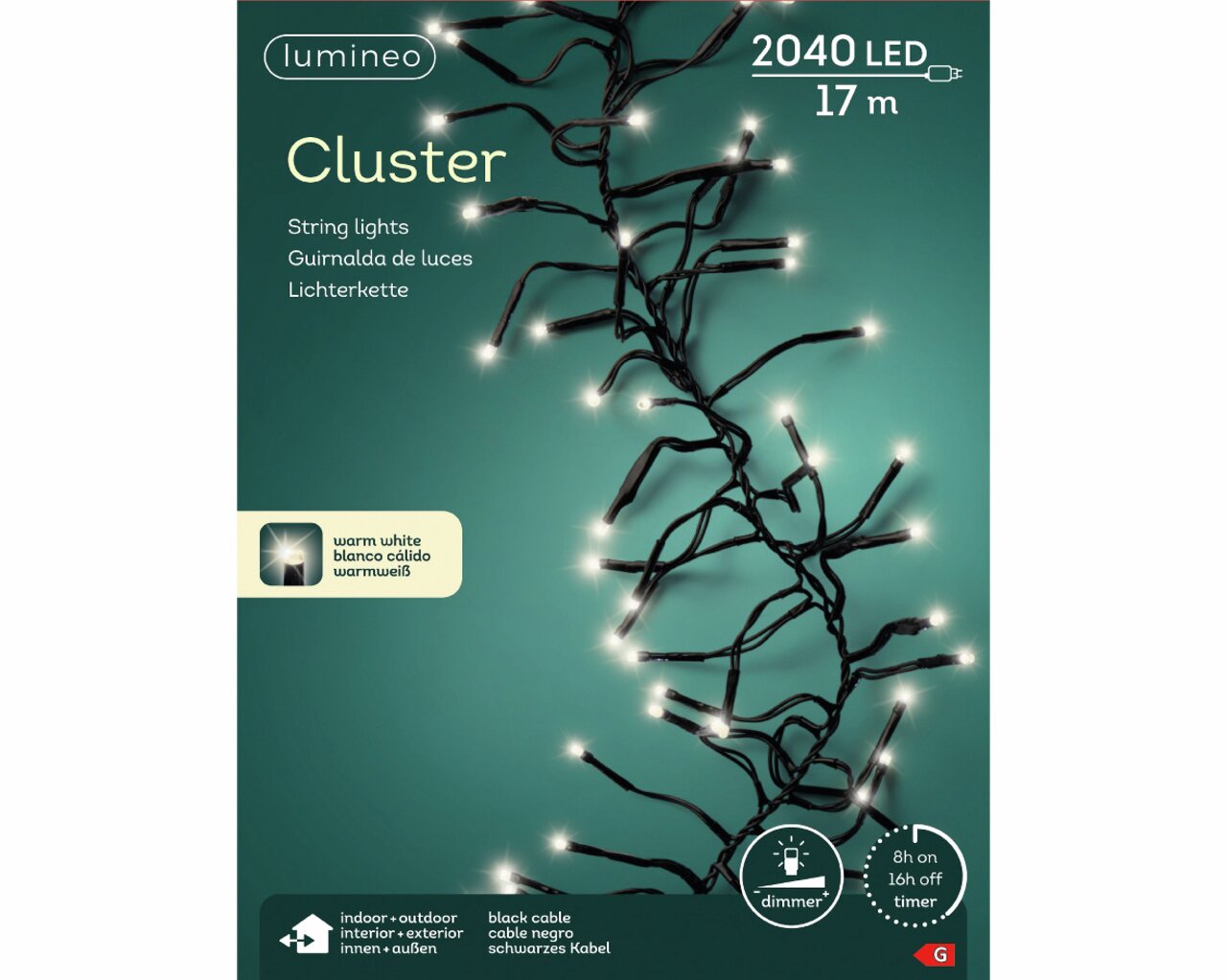 LED Clusterbeleuchtung mit 2040 warmweißen LEDs auf schwarzem Kabel, 17 Meter lang, geeignet für Innen- und Außenbereich, mit Dimmer und Timer-Funktion, seitliche Perspektive.