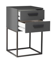 Moderne Nachtkommode mit zwei offenen Schubladen, seitliche Perspektive