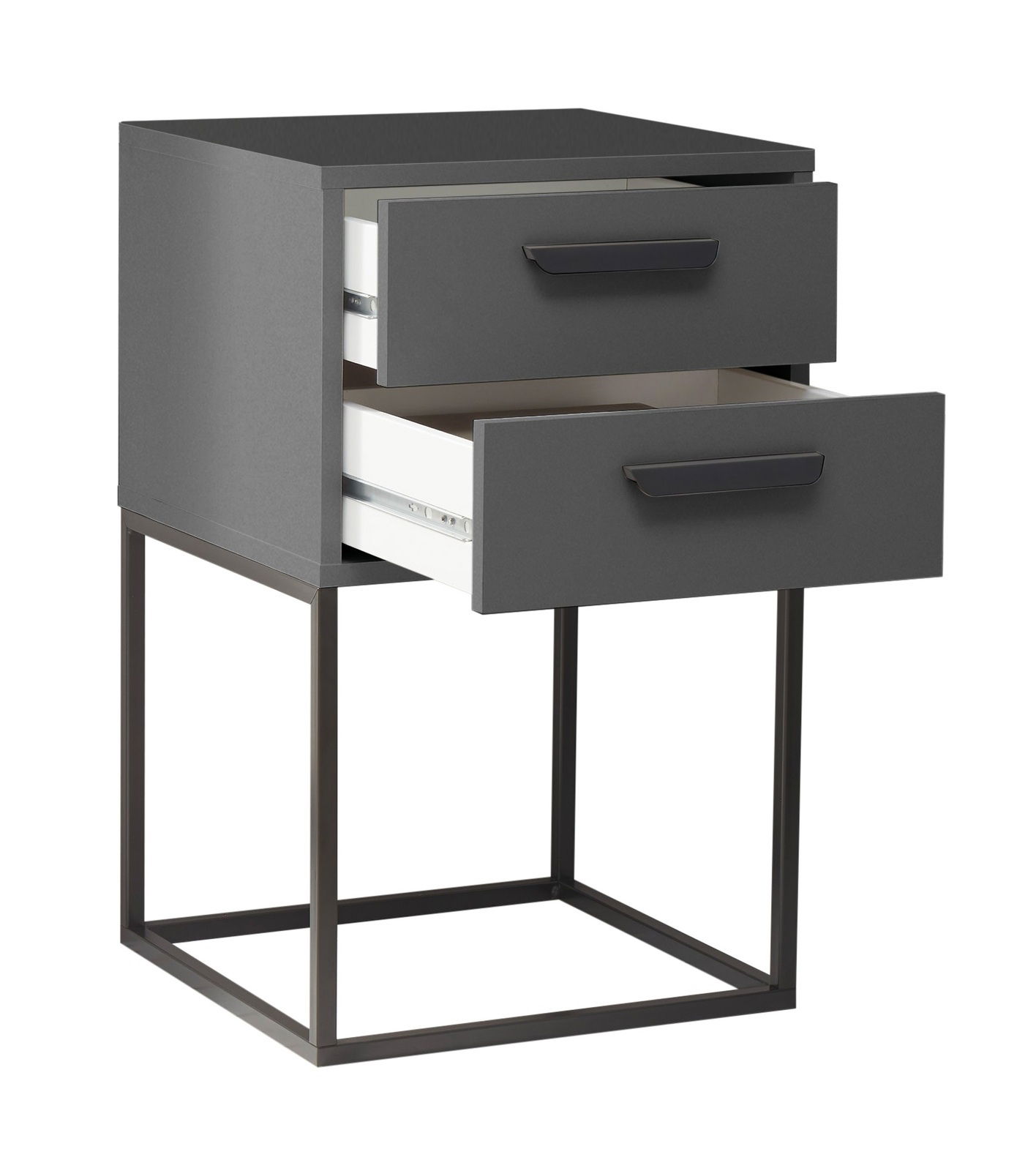 Moderne Nachtkommode mit zwei offenen Schubladen, seitliche Perspektive