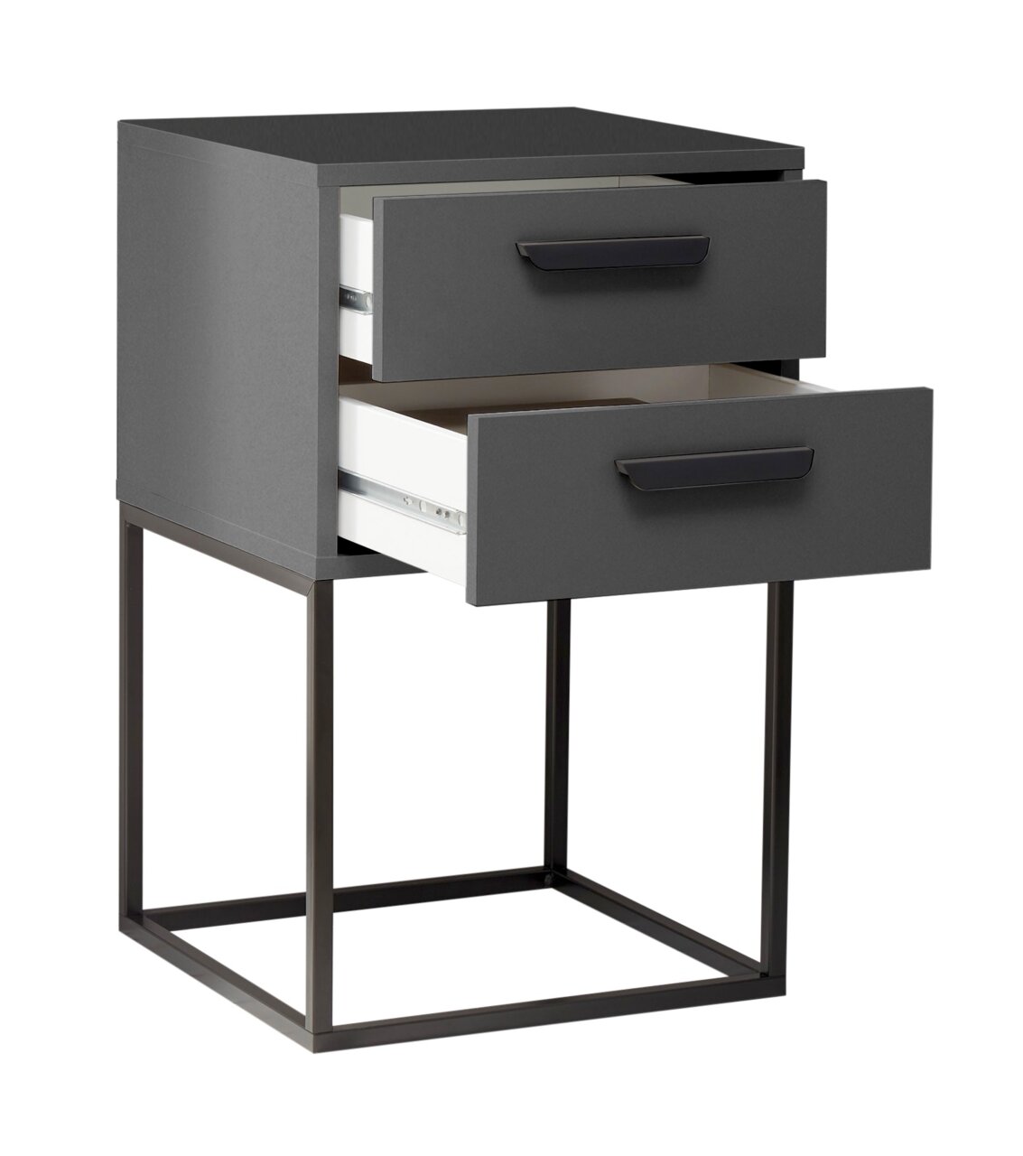 Moderne Nachtkommode mit zwei offenen Schubladen, seitliche Perspektive