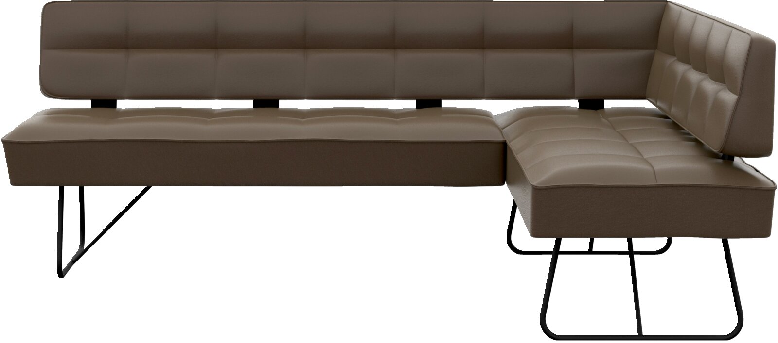 Moderne L-vormige hoekbank in taupe/bruin leerlook met gecapitonneerde zitting en rug, op zwarte metalen sledepoten, zijaanzicht (rechts hoekdeel)