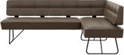Moderne L-vormige hoekbank in taupe/bruin leerlook met gecapitonneerde zitting en rug, op zwarte metalen sledepoten, zijaanzicht (rechts hoekdeel)