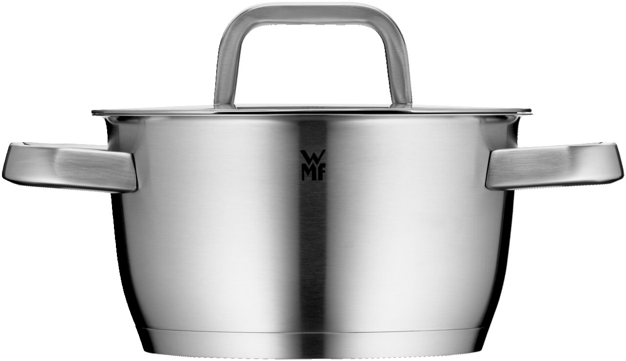 WMF Topf-Set 5-tlg. ICONIC Roestvrijstalen kookpan met deksel en twee handgrepen, van voren gefotografeerd