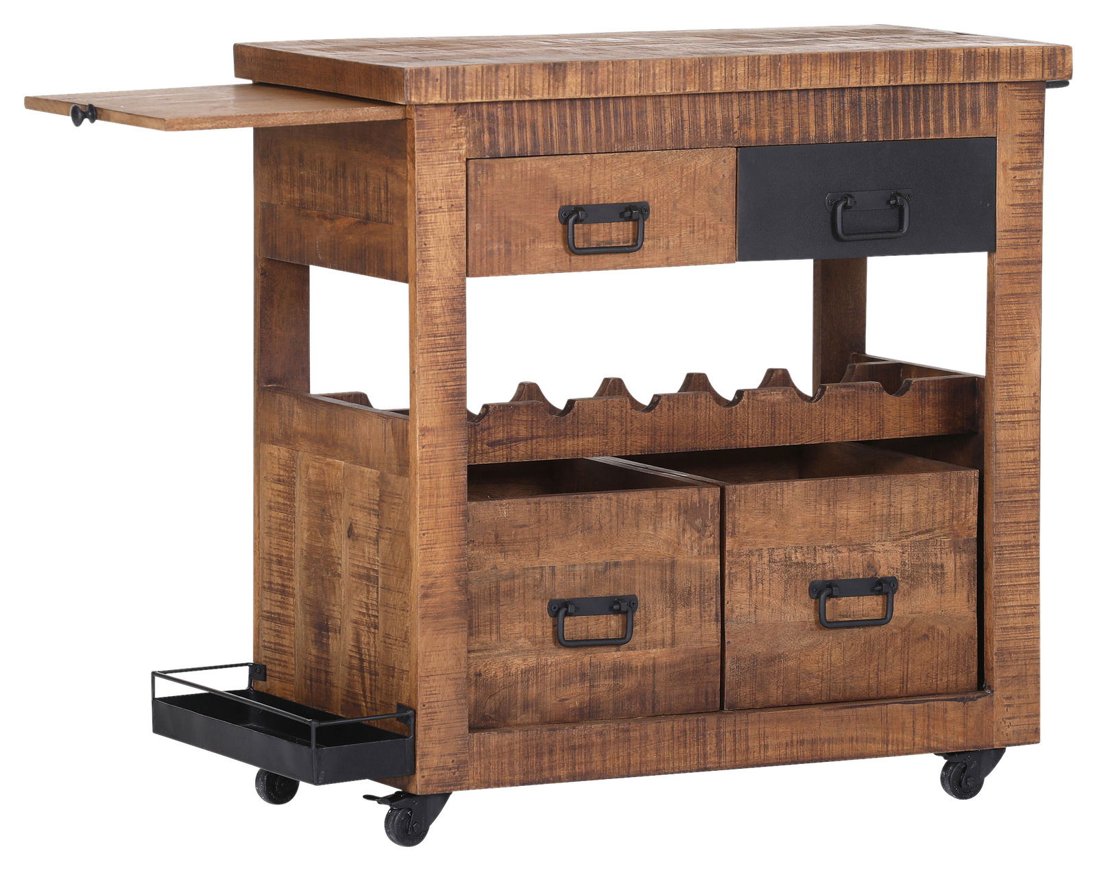 Z2 Servierwagen BARNEY Rustikaler Servierwagen aus Holz mit Schubladen, Weinregal und Rollen, seitliche Perspektive