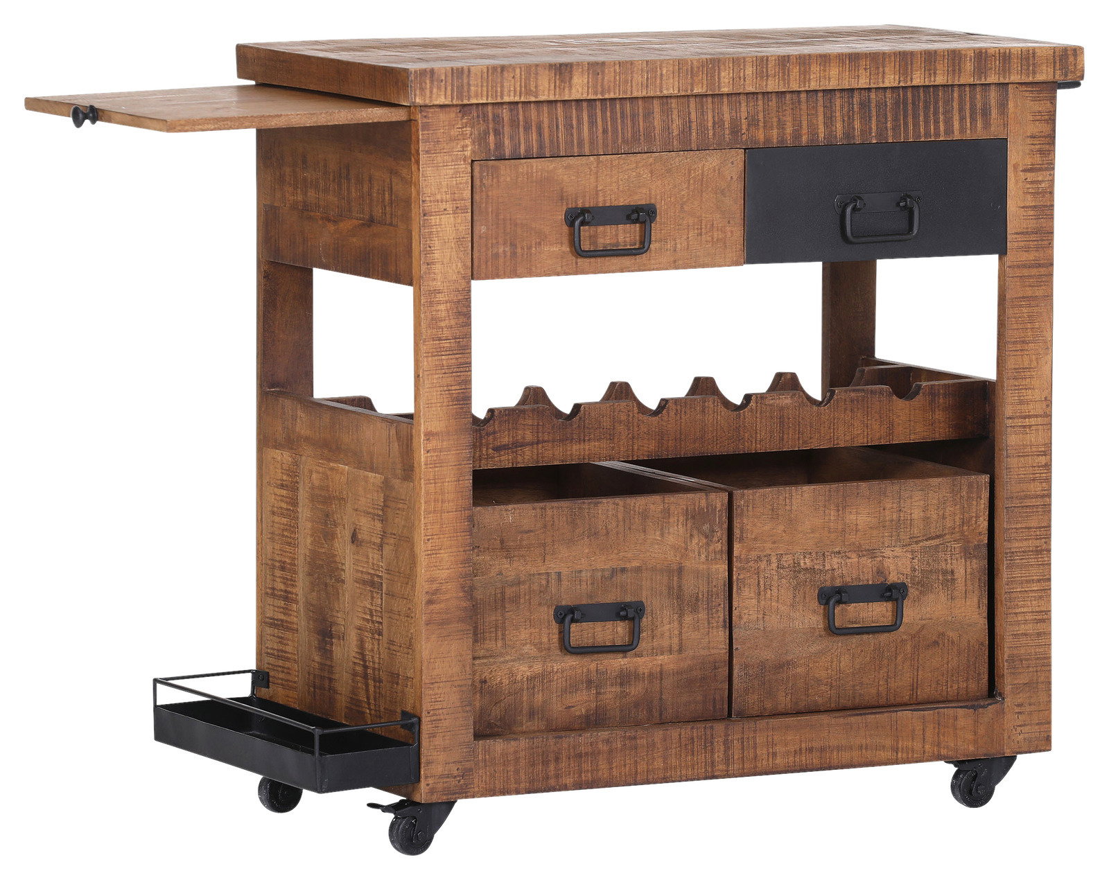 Z2 Servierwagen BARNEY Rustikaler Servierwagen aus Holz mit Schubladen, Weinregal und Rollen, seitliche Perspektive
