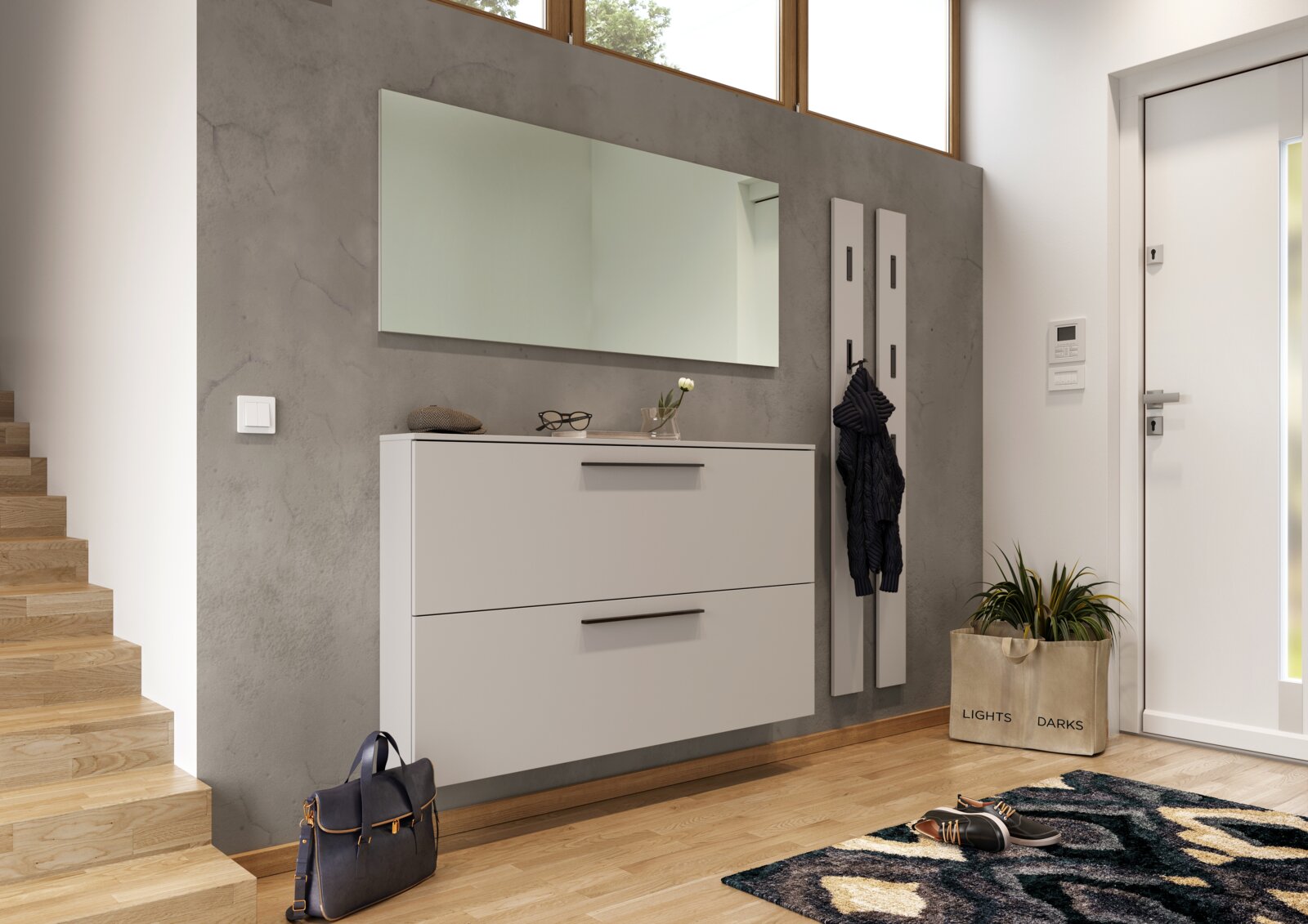 MID.YOU Schuhschrank UTAH Moderner Schuhschrank in einem Flur, frontal betrachtet, mit zwei Schubladen unter einem großen Wandspiegel.