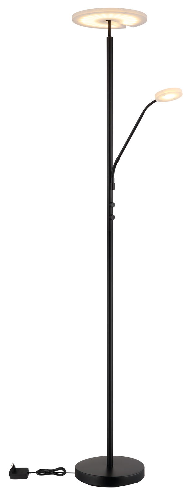 Moderner Deckenfluter mit Leselampe, schwarze Metallkonstruktion, seitliche Perspektive