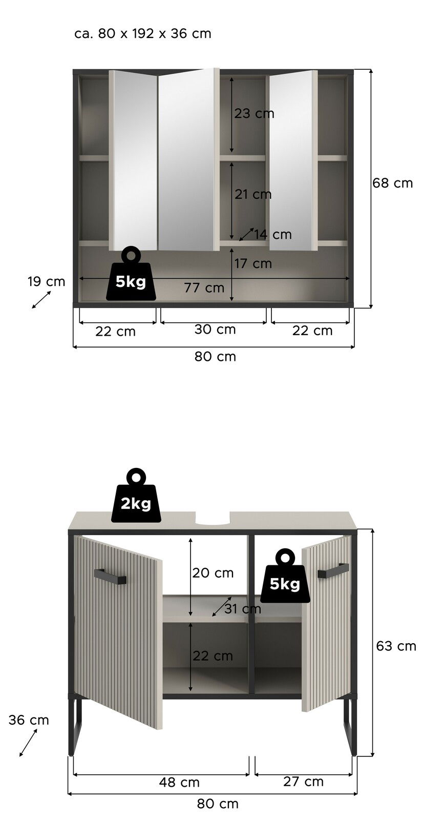 Badkombination mit Spiegelschrank und Unterschrank, Frontansicht. Maße: ca. 80 x 192 x 36 cm. Spiegelschrank mit mehreren Fächern und Türen, Unterschrank mit zwei Türen und Regalfächern.
