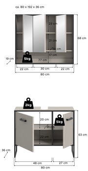 Badkombination mit Spiegelschrank und Unterschrank, Frontansicht. Maße: ca. 80 x 192 x 36 cm. Spiegelschrank mit mehreren Fächern und Türen, Unterschrank mit zwei Türen und Regalfächern.