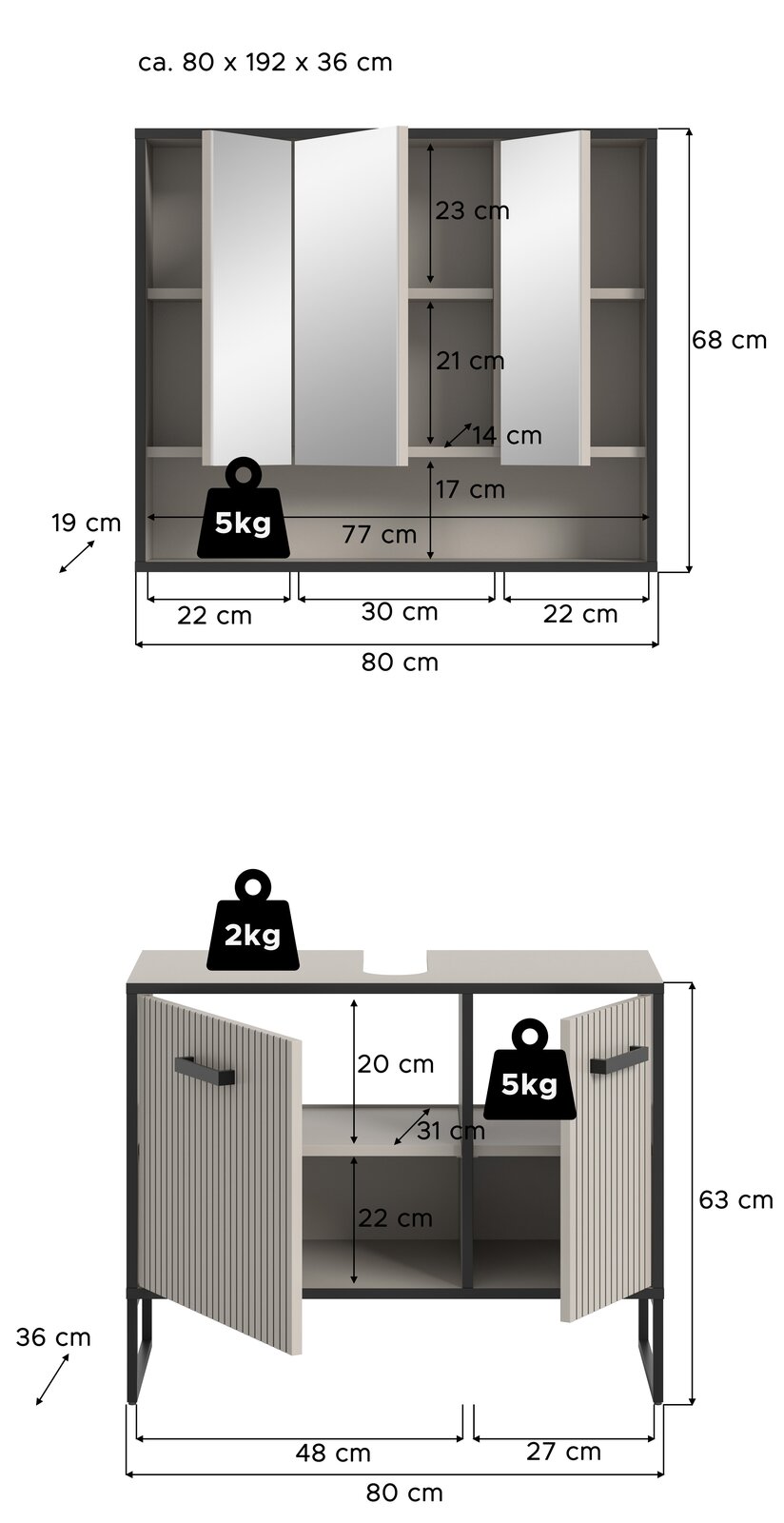 Badkombination mit Spiegelschrank und Unterschrank, Frontansicht. Maße: ca. 80 x 192 x 36 cm. Spiegelschrank mit mehreren Fächern und Türen, Unterschrank mit zwei Türen und Regalfächern.