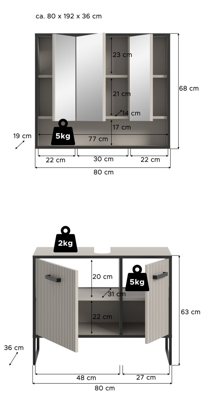 Badkombination mit Spiegelschrank und Unterschrank, Frontansicht. Maße: ca. 80 x 192 x 36 cm. Spiegelschrank mit mehreren Fächern und Türen, Unterschrank mit zwei Türen und Regalfächern.