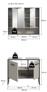 Badkombination mit Spiegelschrank und Unterschrank, Frontansicht. Maße: ca. 80 x 192 x 36 cm. Spiegelschrank mit mehreren Fächern und Türen, Unterschrank mit zwei Türen und Regalfächern.