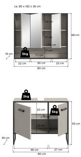 Badkombination mit Spiegelschrank und Unterschrank, Frontansicht. Maße: ca. 80 x 192 x 36 cm. Spiegelschrank mit mehreren Fächern und Türen, Unterschrank mit zwei Türen und Regalfächern.
