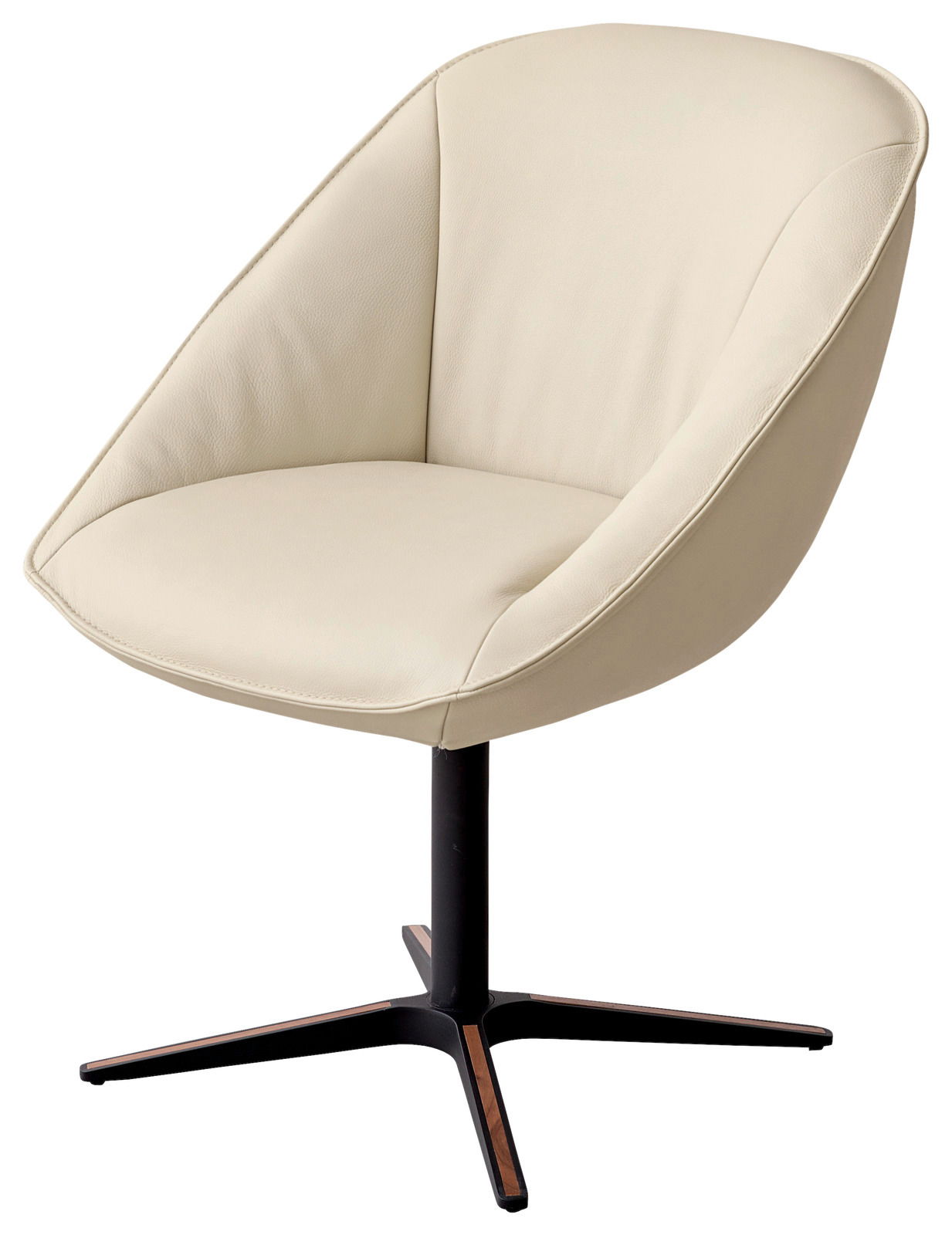 Moderner cremefarbener Armlehnstuhl mit schwarzem Metallfuß, seitliche Perspektive