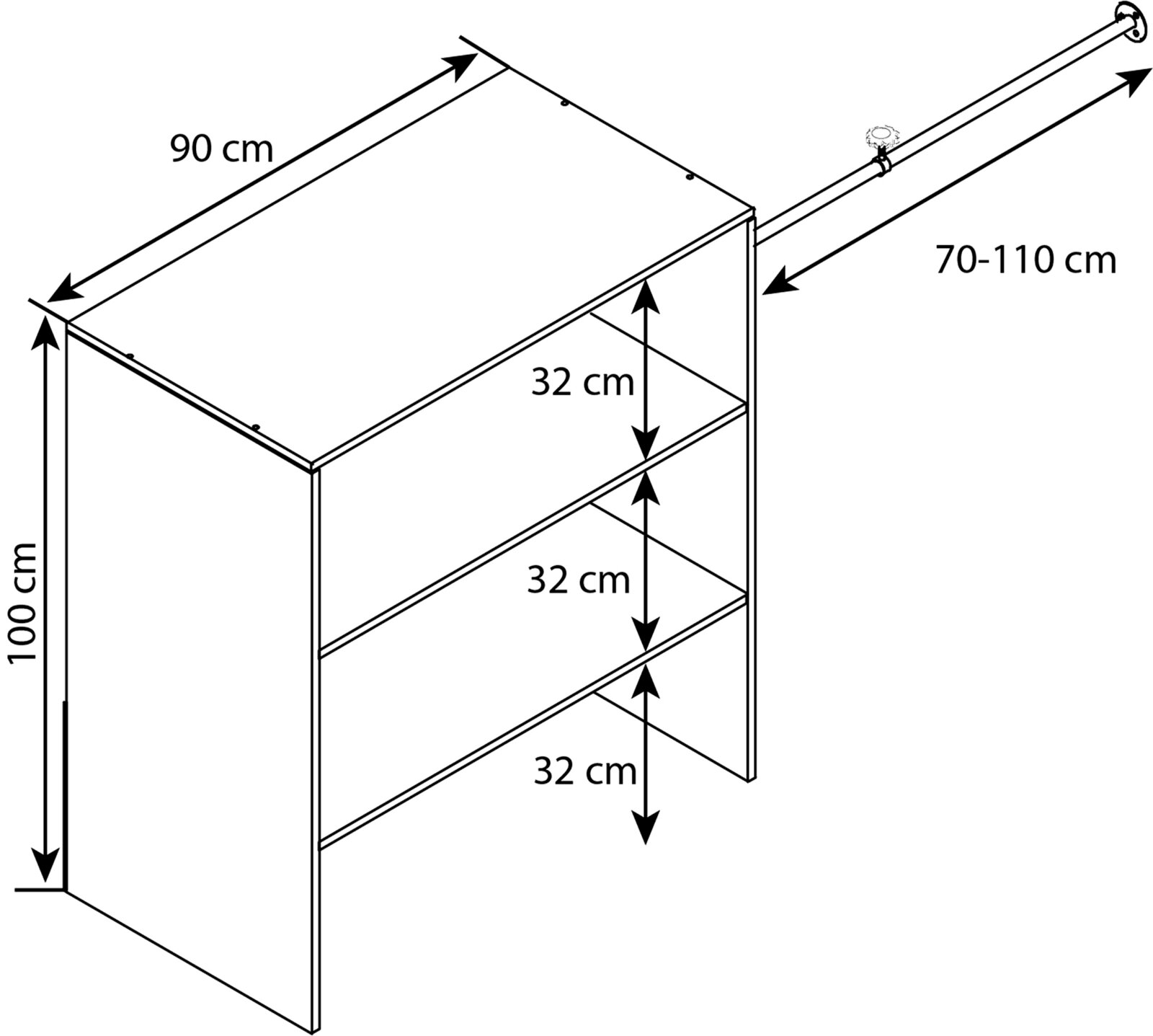Isometrische Schrägansicht einer Regaleinheit/Schrank mit drei Ablagefächern und Maßangaben: 90 cm Breite, 100 cm Höhe, je 32 cm Fachhöhe sowie ausziehbare Stange 70–110 cm.