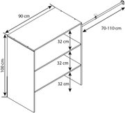 Isometrische Schrägansicht einer Regaleinheit/Schrank mit drei Ablagefächern und Maßangaben: 90 cm Breite, 100 cm Höhe, je 32 cm Fachhöhe sowie ausziehbare Stange 70–110 cm.