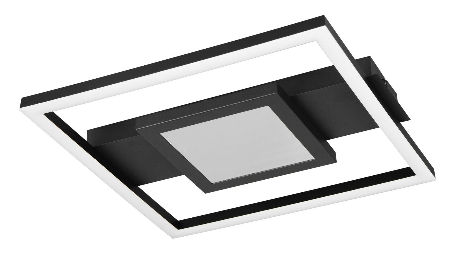 Moderne quadratische Deckenleuchte in Schwarz und Weiß, seitliche Perspektive