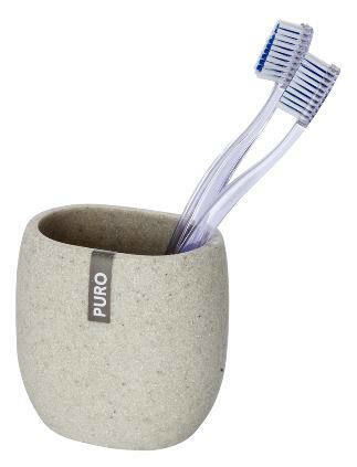 Zahnputzbecher Puro aus Steinoptik mit zwei Zahnbürsten, seitliche Perspektive