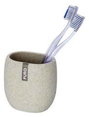 Zahnputzbecher Puro aus Steinoptik mit zwei Zahnbürsten, seitliche Perspektive