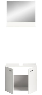 Weißer Waschbeckenunterschrank mit zwei geöffneten Türen, frontal betrachtet, mit passendem Spiegel darüber.