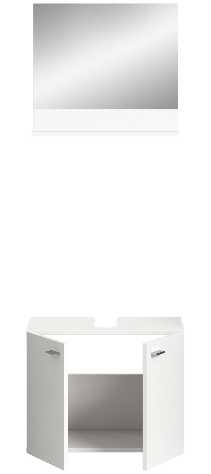Weißer Waschbeckenunterschrank mit zwei geöffneten Türen, frontal betrachtet, mit passendem Spiegel darüber.
