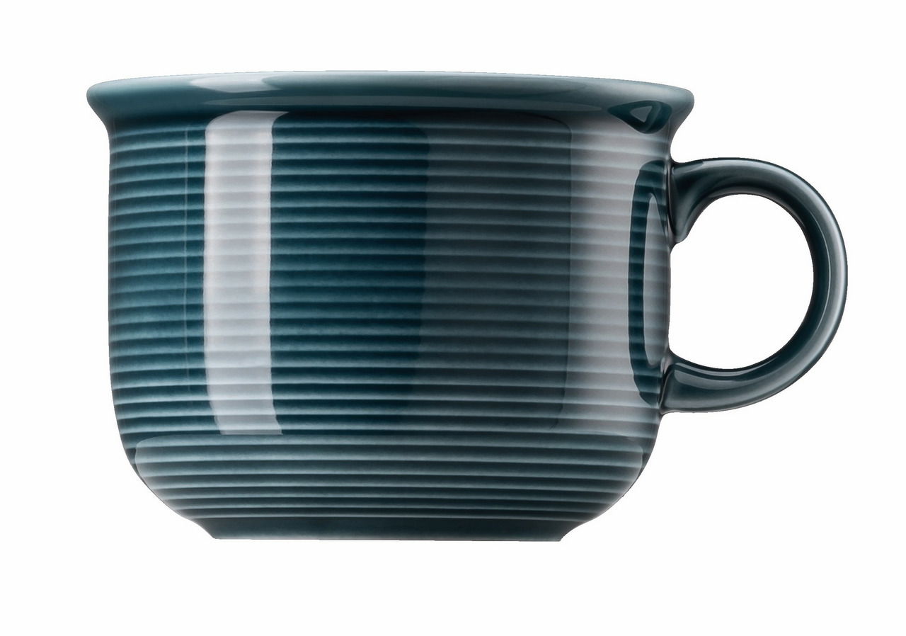 Kaffee-Obertasse in Night Blue mit feinen horizontalen Linien, seitliche Ansicht