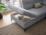 Graues Ecksofa DURBAN mit geöffneter Stauraumfunktion, seitliche Perspektive