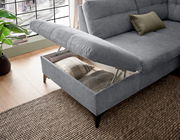 Graues Ecksofa DURBAN mit geöffneter Stauraumfunktion, seitliche Perspektive