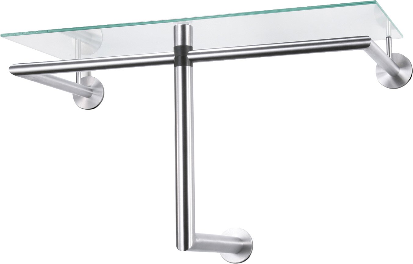 ZACK Wandgarderobe mit Glasablage ABILIO Wandmontierte Glasablage mit Edelstahlhalterung und Handtuchstange, Ansicht schräg von vorn