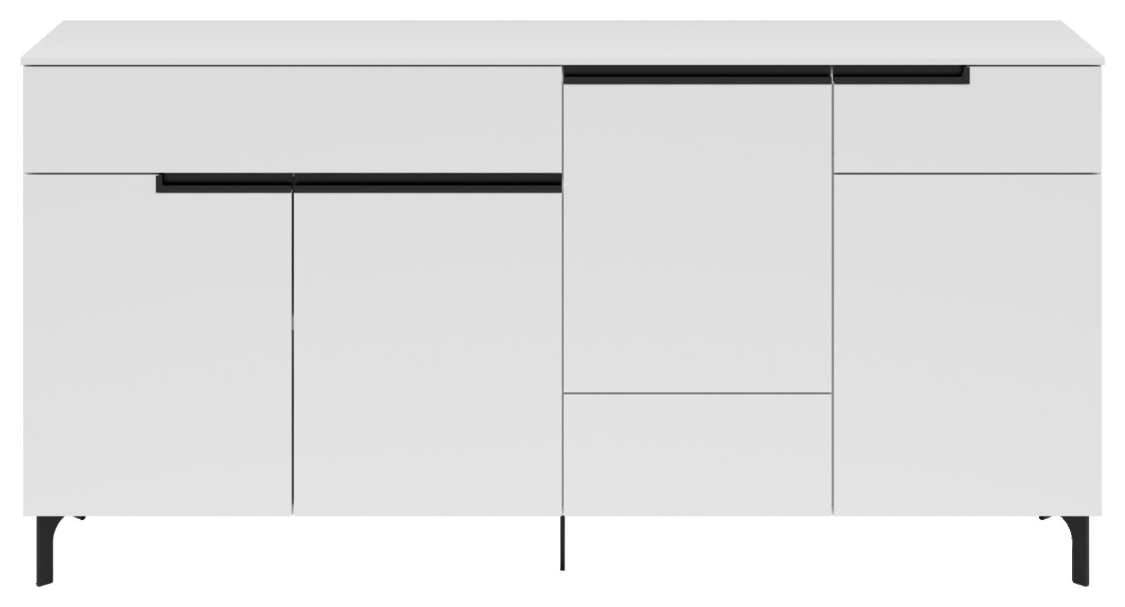 Modern wit dressoir met zwarte handgrepen, vooraanzicht