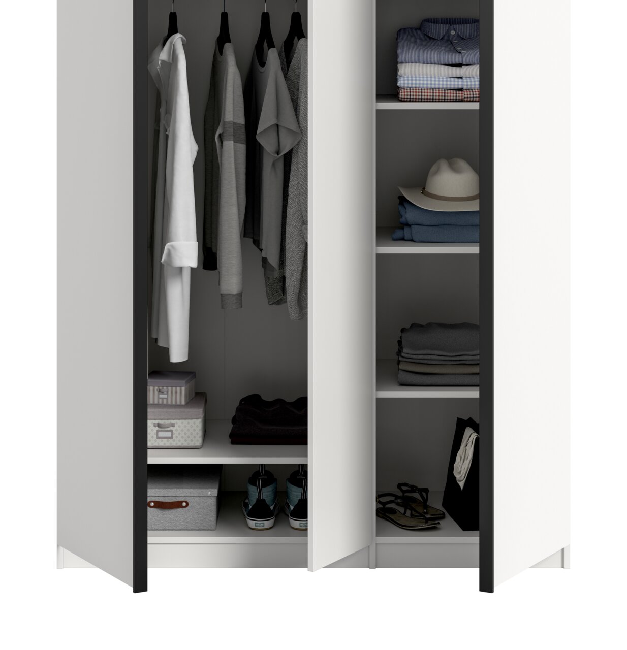 Offener Kleiderschrank in Weiß mit dunklem Rahmen, links Kleiderstange mit hängenden Hemden und Jacken, rechts Regalfächer mit gefalteten Hemden, Jeans, Hut und Accessoires; frontale Ansicht.