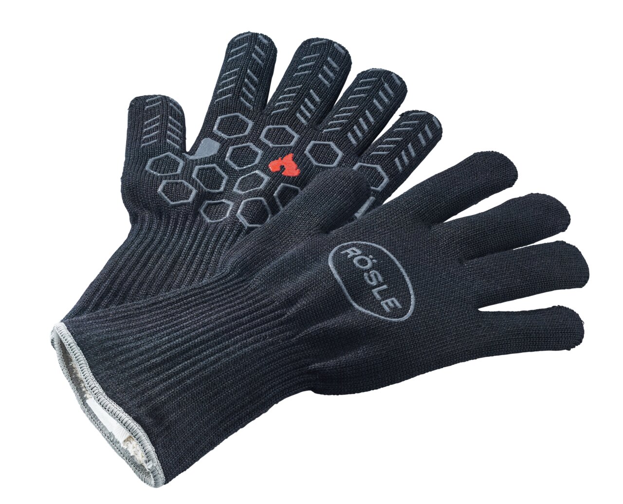 Rösle Premium Grillhandschuhe BBQ Zwei schwarze Premium Grillhandschuhe mit rutschfestem Muster, von oben betrachtet.