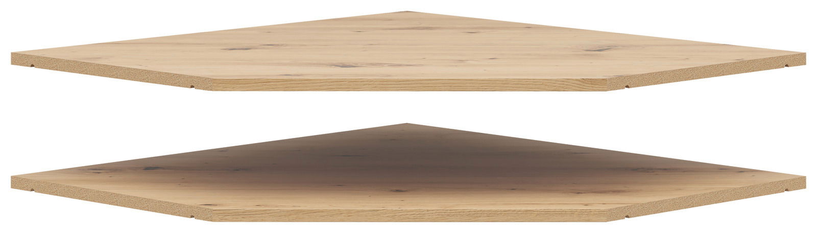 Zwei übereinanderliegende, hölzerne Eckböden in einer perspektivischen Seitenansicht.
