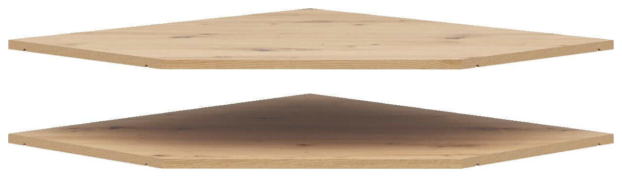 Zwei übereinanderliegende, hölzerne Eckböden in einer perspektivischen Seitenansicht.