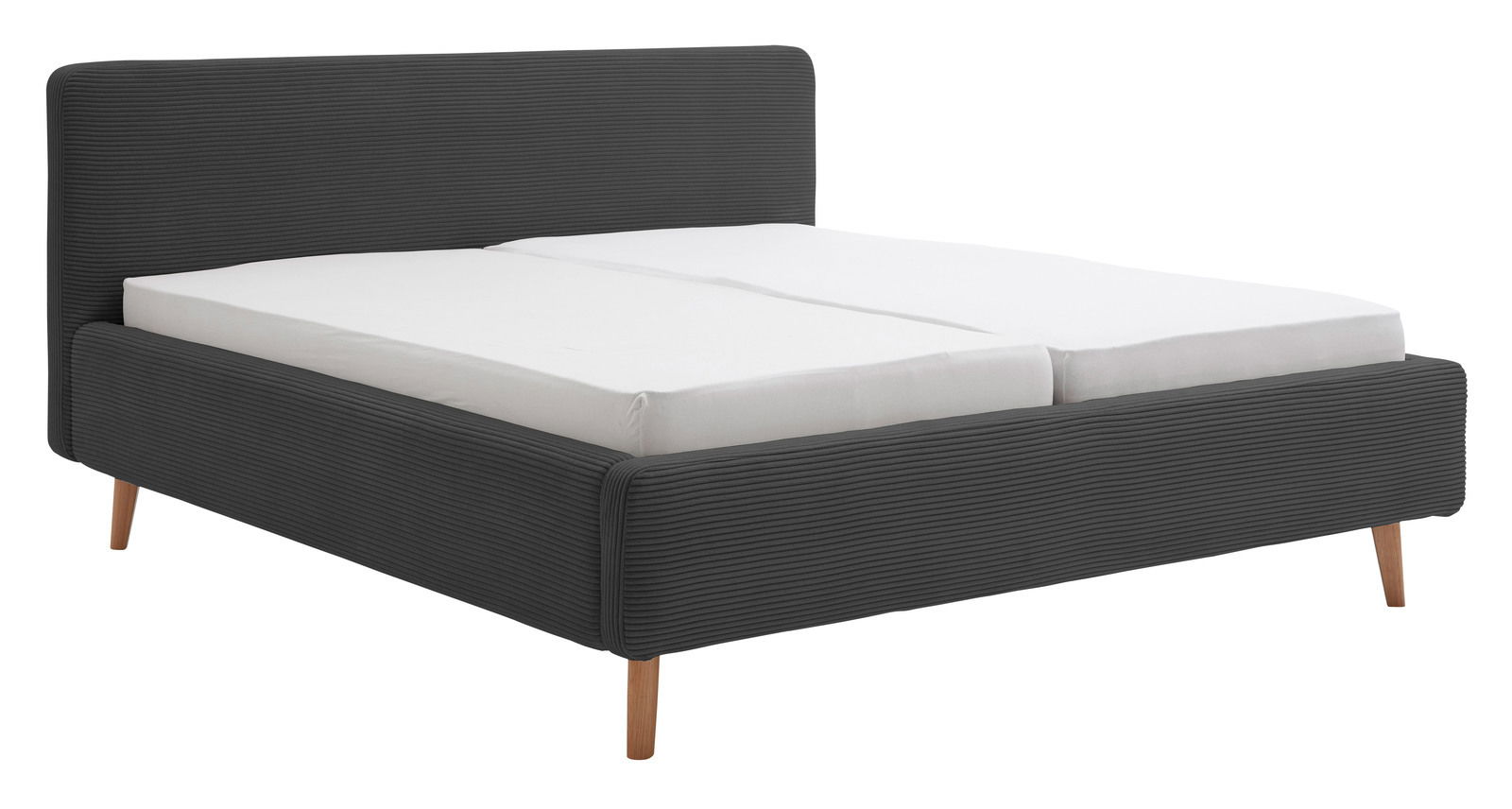 XORA Polsterbett MATTIS Modernes Polsterbett in dunklem Stoff mit Holzfüßen, seitliche Perspektive