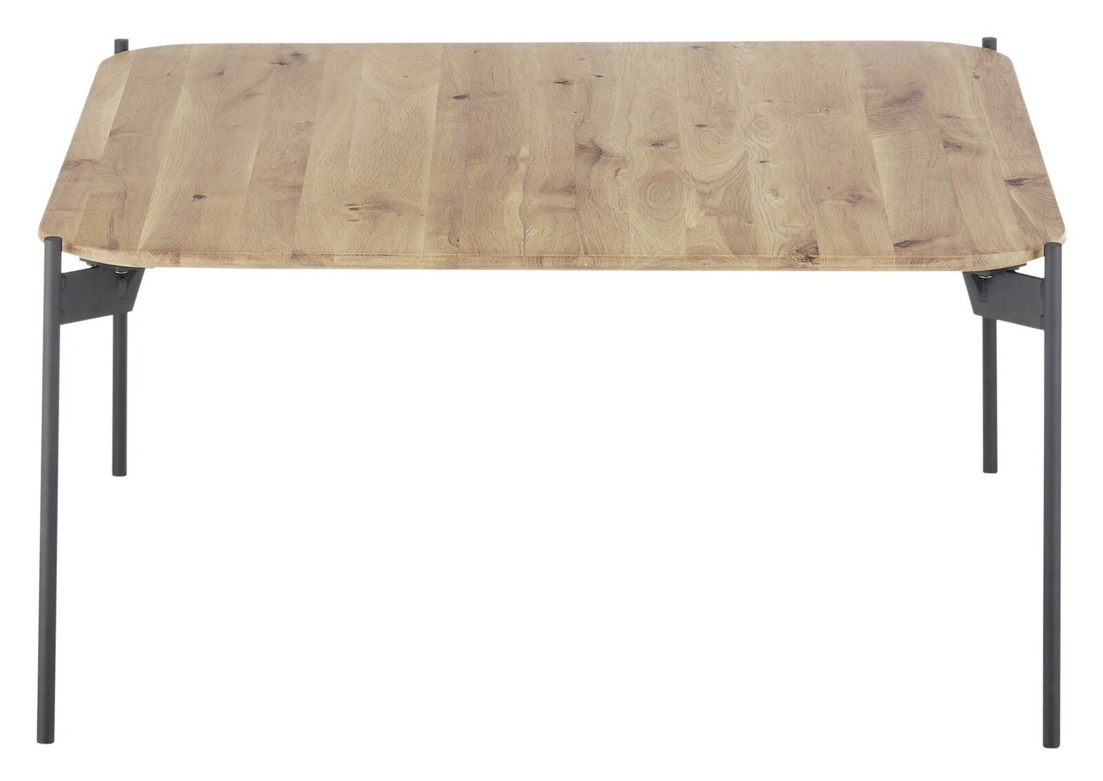 Moderner Couchtisch mit Holzplatte und Metallbeinen, Frontalansicht