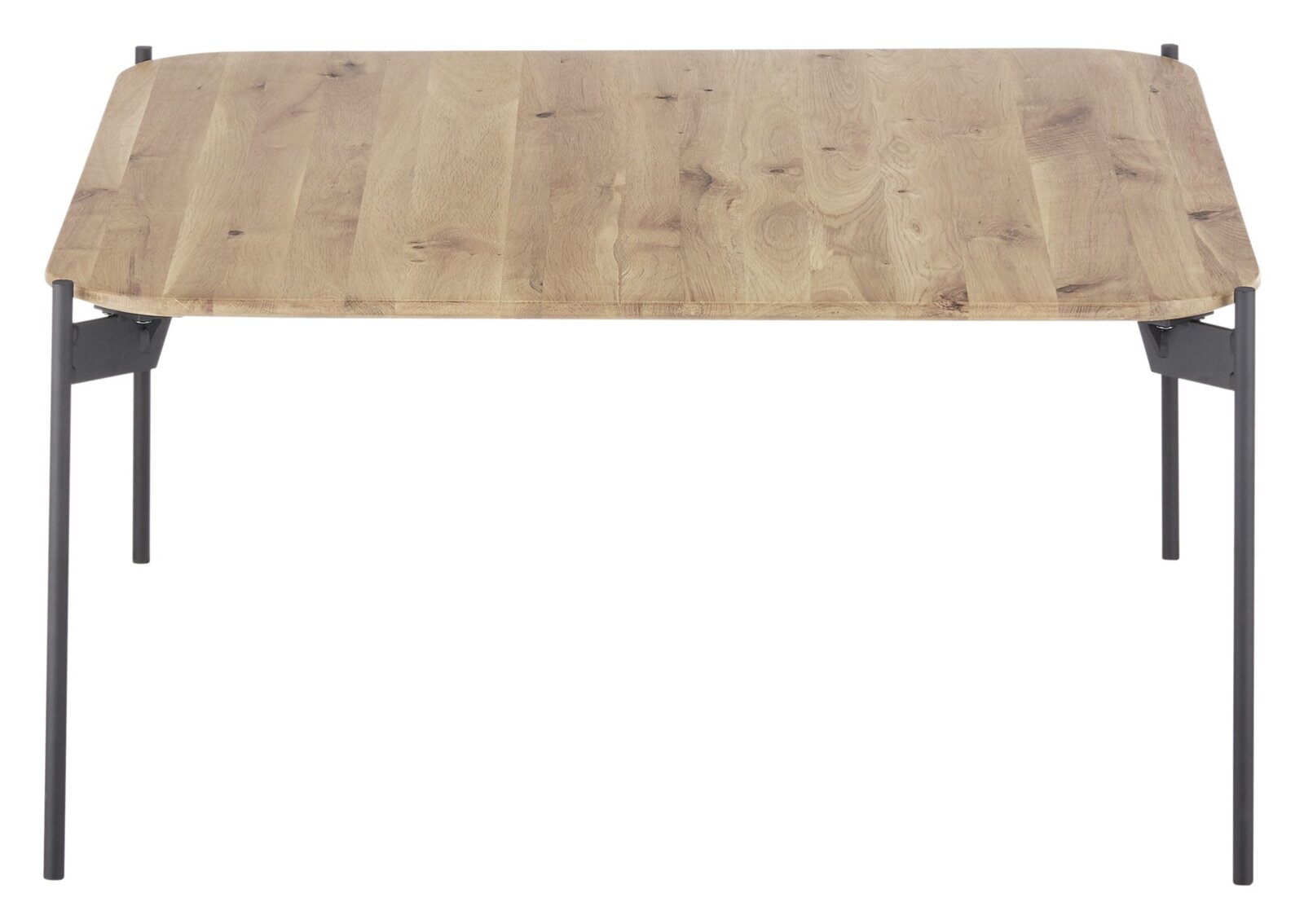 Moderner Couchtisch mit Holzplatte und Metallbeinen, Frontalansicht