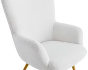 Moderner weißer Sessel mit weichem Stoffbezug und goldenen Beinen, seitliche Perspektive