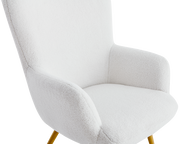 Moderner weißer Sessel mit weichem Stoffbezug und goldenen Beinen, seitliche Perspektive
