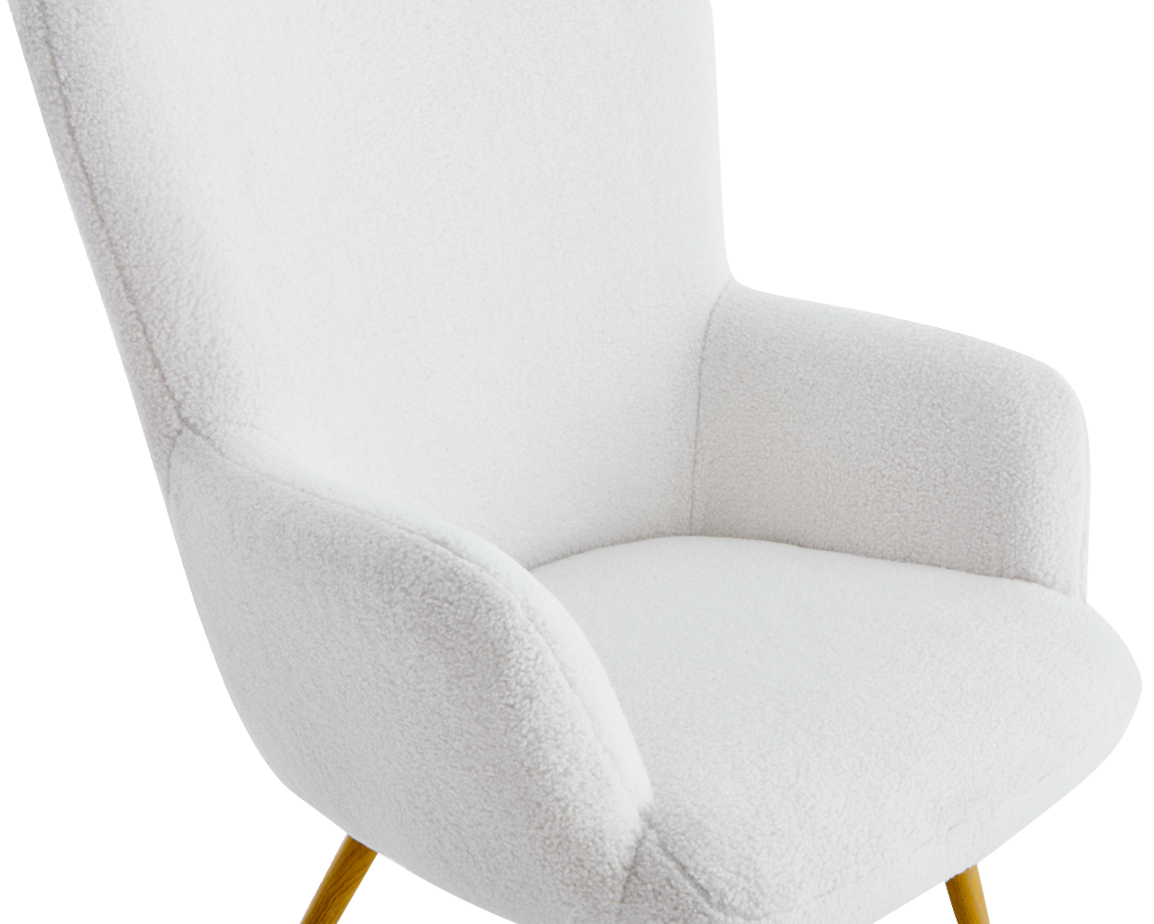 Moderner weißer Sessel mit weichem Stoffbezug und goldenen Beinen, seitliche Perspektive