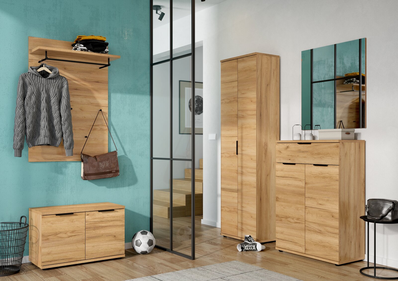 Moderner Schuhschrank aus Holz in einem Flur, mit Spiegel und Garderobe, aus der Perspektive von vorne betrachtet.