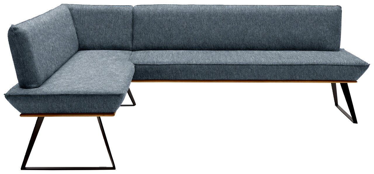Eckbank in grauem Stoffbezug, moderne Metallbeine, seitliche Perspektive